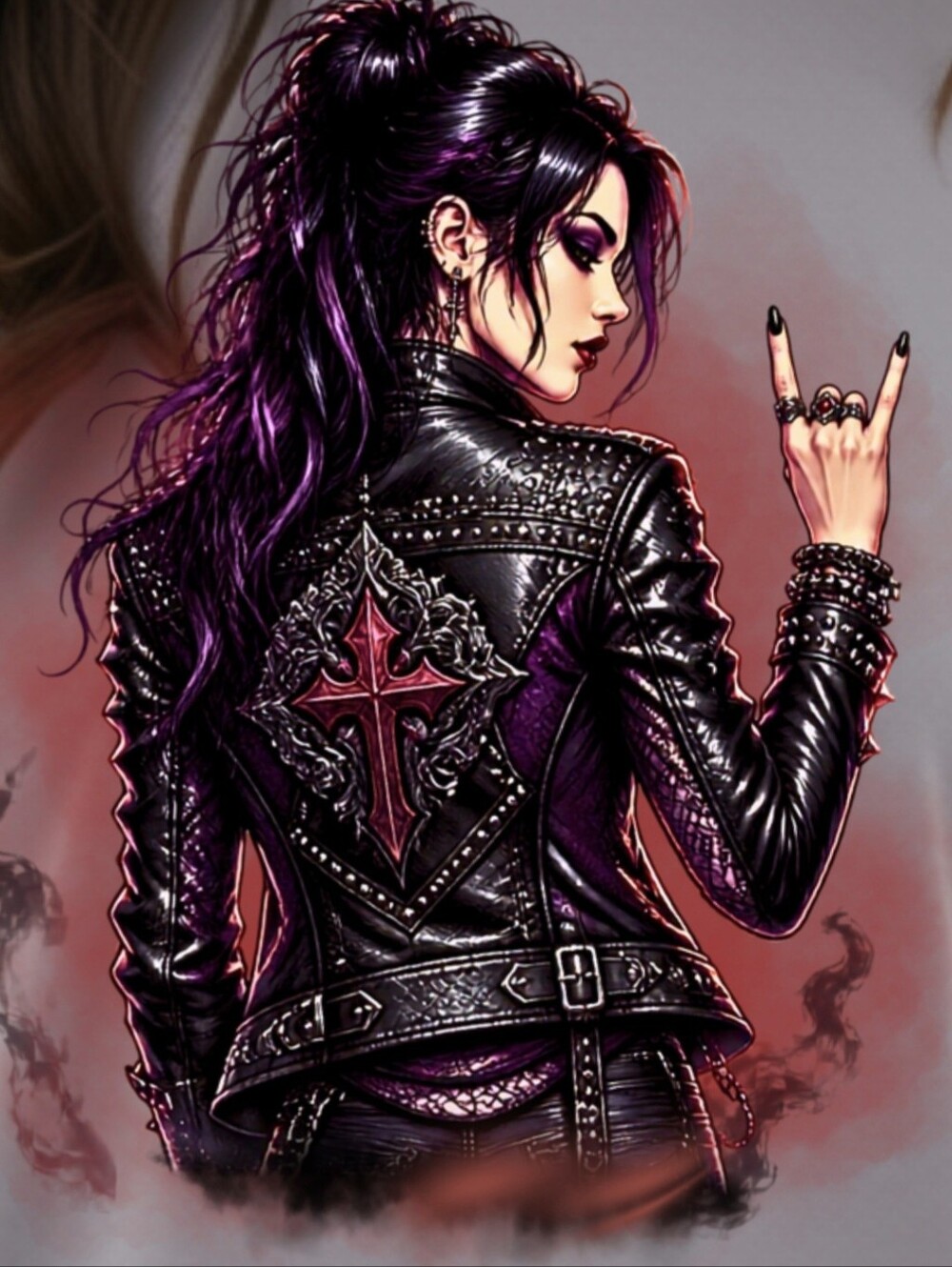 Gothic Rocker Leather Jacket Custom Tee with Handmade Crystals - Picture 2 of 3